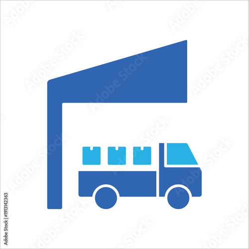 icon a wholesale distribution center with truck and product boxes, isolated against a clean background.