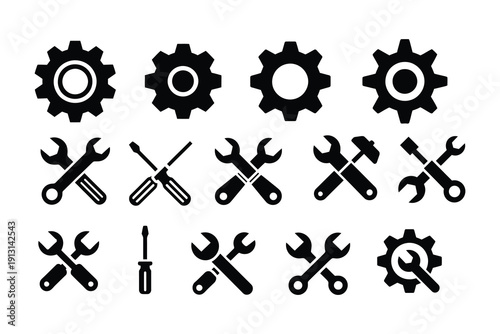 
Vintage set of metal tools icons featuring a wrench and key silhouette pattern in a flat vector illustration design