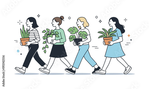 Women carrying plants instead of bouquets. Several women walk together, each holding different potted plants with varied leaves. Shared