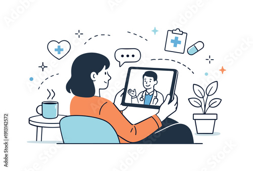 Telehealth access. A patient using a tablet to consult a doctor remotely from home. Technology bridging gaps, calm and inclusive healthcare