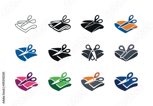 Sewing Icon Varieties. Sewing clothes. Icon set. Set Logo of Sewing clothes: scissors and fabric fold. harmonious logo variations of the same emblematic