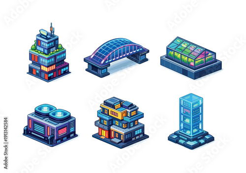 Neon Urban Icons. Cyber structures. Isometric flat vector icons set of cyber structures: modular urban tower, neon grid bridge, rooftop greenhouse with neon