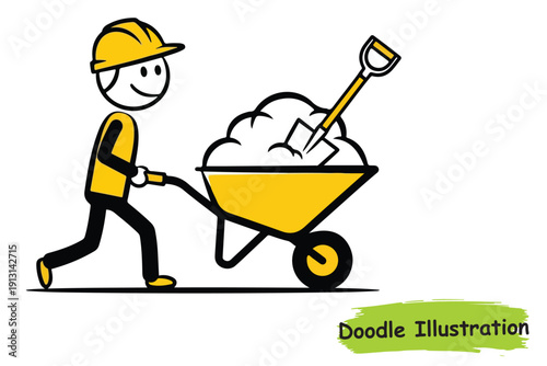 Simple Vector Icon of Laborer Moving Material with Shovel and Cart
