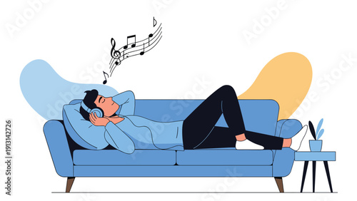 Young man relaxing on blue sofa while listening to music with headphones and musical notes floating in the air.