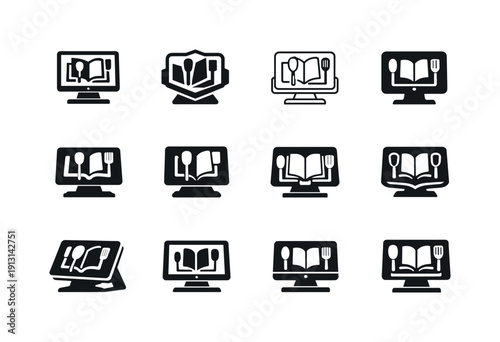 Recipe stand. Icon set. Set Logo of recipe stand: tablet recipe stand. harmonious logo variations of the same emblematic concept, each with