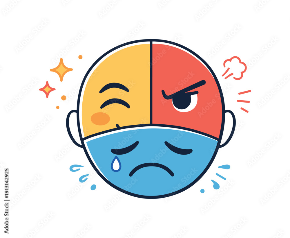 Obraz premium Human emotions concept. A face divided into sections showing joy, sadness, and anger, with expressive eyebrows and mouth shapes clearly