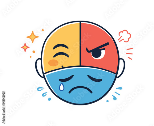 Human emotions concept. A face divided into sections showing joy, sadness, and anger, with expressive eyebrows and mouth shapes clearly