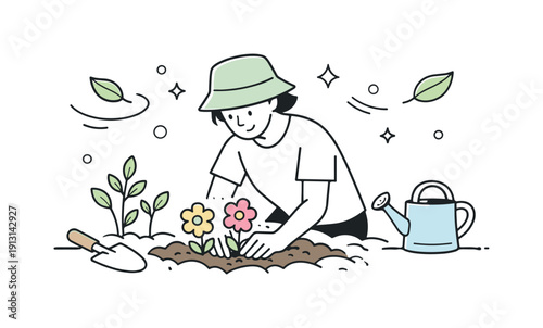 Gardening at home. A person gently planting flowers in a small garden, hands in the soil and calm focus on growth. Peaceful outdoor mood with