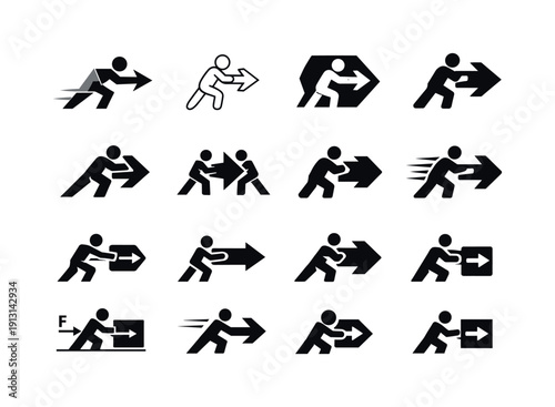    The force of pushing. Icon set. Set Logo of the force of pushing: force vector diagram. harmonious logo variations of the same emblematic