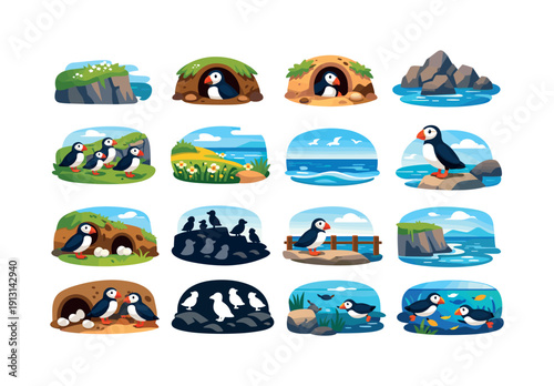 Puffin Habitat. Colorful flat vector icons set of Puffin Habitat: grassy cliff edge, puffin nest hole, seaside puffin burrow, island rocks,