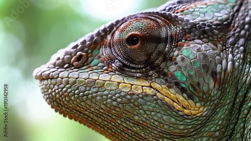 Extreme Close Up of Chameleon Reptile Skin Texture and Eye in Nature