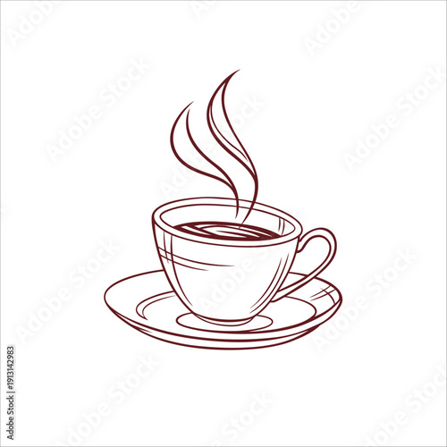 Single line drawing of a steaming coffee cup and saucer