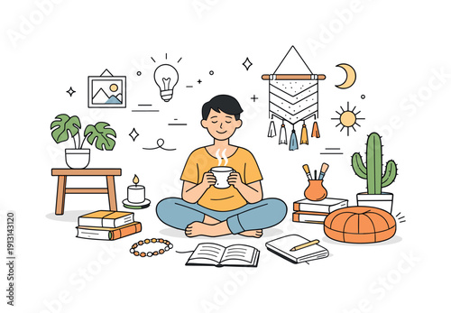 Modern boho lifestyle. A person relaxing with plants, books and handmade decor around. Balance of creativity, comfort and mindful living.