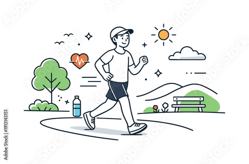 Outdoor exercise for wellness. A person walks or jogs in a park, enjoying fresh air and natural movement. Light energy, health, and positive