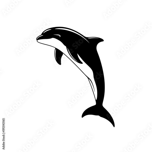 Black and white illustration of a leaping dolphin.