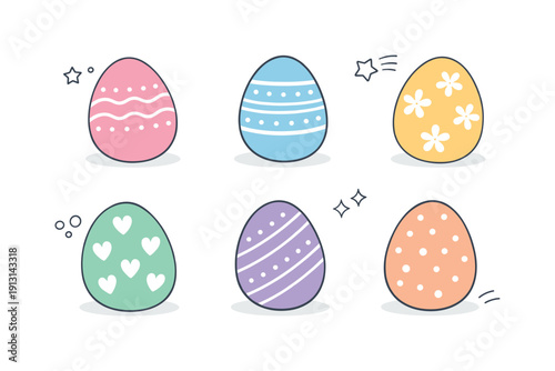 Painted eggs pastel. A few pastel eggs with simple hand-drawn style lines and dots, placed evenly across the frame. The mood is playful,