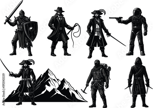 Silhouette illustration of a group of soldiers people and musicians walking together