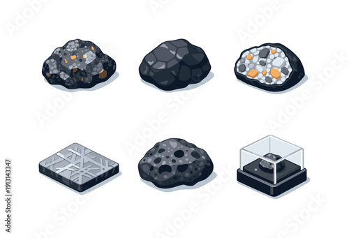 Space Rock Icons. Space Rock Sample. Isometric flat vector icons set of Space Rock Sample: meteorite specimen, dark crusted rock, cut cross-section meteorite,