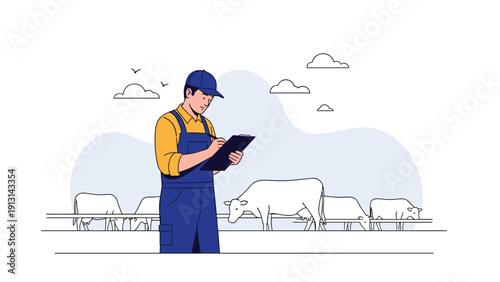 Professional livestock farmer in blue overalls and a cap recording data on a clipboard while standing in front of grazing cattle.