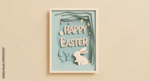 Delightful Easter Scene in a Shadow Box Frame Featuring a Whimsical Bunny and Festive Spring Decorations, Perfect for Holiday Greetings