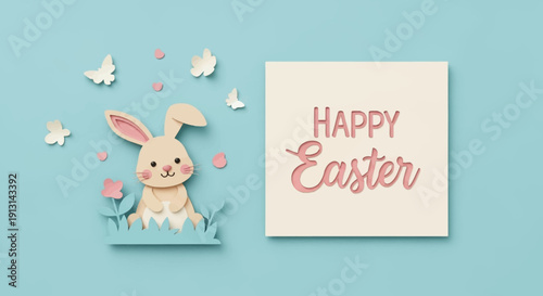 Happy Easter greeting card with cute bunny, butterflies and flowers, celebrating spring, joy and new beginnings on a pastel blue background
