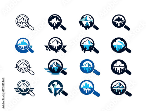 Climate Change Icons. Investigating climate change effects. Icon set. Set Logo of Investigating climate change effects: magnifying glass over melting glacier.