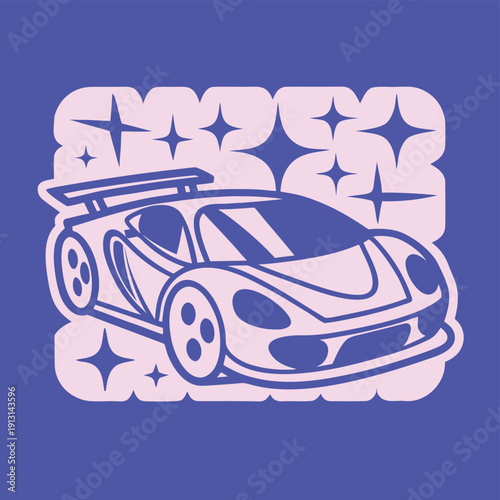 Retro Pop Art Blue Supercar Racing Sticker and T-shirt Design