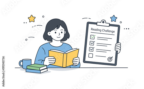 Reading challenges. A calm editorial scene with a person holding a book and a checklist, tracking reading progress. Focused mood, gentle