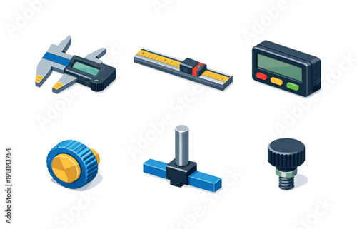 Engineering measurement tools. Isometric flat vector icons set of engineering measurement tools: digital caliper jaws, precision scale rail,
