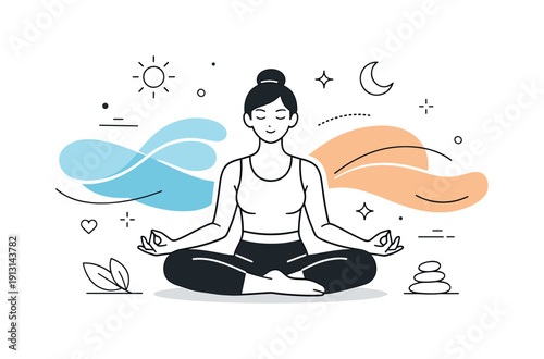 Mindful Movement Illustration. Mindful movement practice. A calm scene of a person doing yoga or pilates, centered and relaxed. Inner calm, flexibility, and