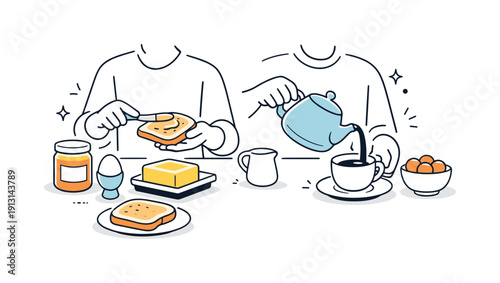 Morning breakfast preparation. A person spreading butter on bread and pouring tea or coffee, with simple kitchen items around. The scene