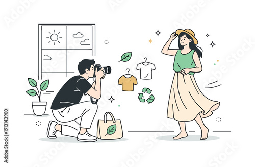 Natural light fashion photography. Photographer shooting a model in sustainable outfits near a large window, soft daylight emphasizing fabric