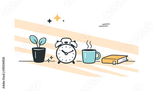 Warm shadow overlays. Editorial scene with simple objects gently intersected by warm shadow bands. Quiet interior mood, slow time feeling,