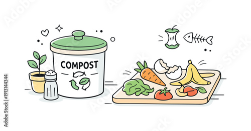 Kitchen Compost Setup. Kitchen compost bin setup. A lidded compost container next to vegetable scraps, showing mindful food waste sorting. Quiet everyday