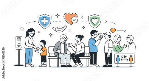 Community Health Unity. Community health safety. Diverse people interacting calmly in a public space supported by visible health measures. Reassuring