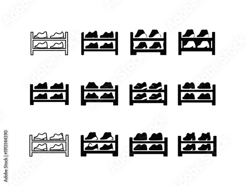 Shoe Rack Icon Variations. Organizing shoes with a shoe rack. Icon set. Set Logo of Organizing shoes with a shoe rack: stacked shoes on rack. harmonious logo