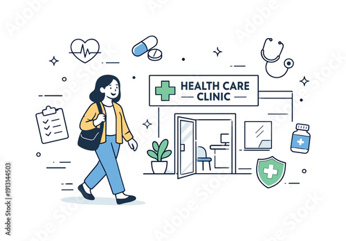Affordable healthcare access. A calm editorial scene of a person confidently visiting a medical clinic with clear signage and welcoming