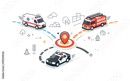 Unified emergency response. Aerial-style layout showing ambulance, fire truck, and police car moving in coordination toward a shared point.
