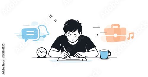 Deep focus under pressure. A person concentrates on one task while blurred abstract shapes suggest distractions fading away. Editorial