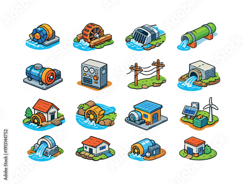 Micro-Hydro Systems. Colorful isometric vector icons set of Micro-Hydro Systems: micro hydro turbine, small water wheel, stream intake pipe,