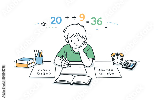 Focused math practice. Student concentrating on problem sets, calm academic environment and motivation. Desk, papers, and abstract numbers