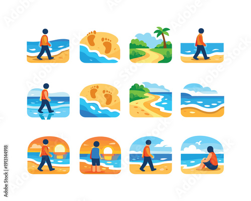 Seaside walk. Colorful flat vector icons set of seaside walk: walking by shore, footprints near water, calm beach path, slow ocean walk,