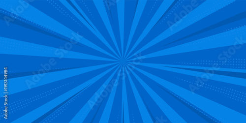 Pop art comic blue background with halftone, rays, gradient. Vector cartoon illustration in retro style. Design for comic book, poster, banner