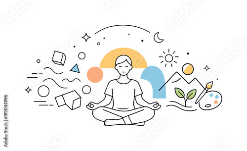 Personal growth through artistic expression. Abstract shapes transforming into a harmonious composition around a calm figure. A visual