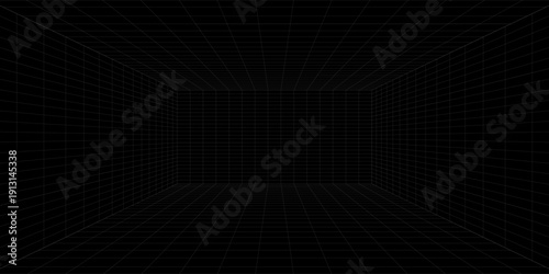 Futuristic perspective grid box. Abstract wireframe with white grid line on black background. Virtual reality landscape in 80s 90s digital style. eps 10