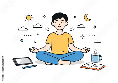 Mindful Work Break. Daily mental reset. A person pausing from work, sitting near a tablet or notebook, taking a mindful break to regain concentration and calm.