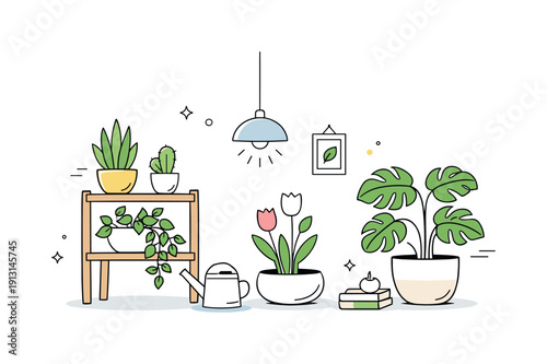 Minimalist indoor garden setup. A clean arrangement of plants, pots, and light, airy and intentional. The scene emphasizes simplicity,