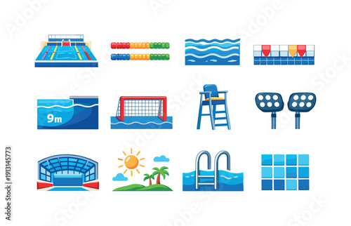 Water polo pool. Colorful flat vector icons set of water polo pool: Olympic pool, pool lane lines, water surface ripples, pool edge markers,