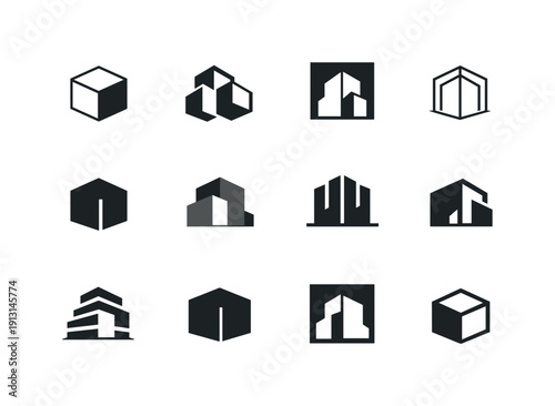 Minimalist Building Icons. Minimalist building. Icon set. Set Logo of minimalist building: cubic architecture symbol. harmonious logo variations of the same