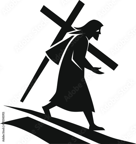 A silhouetted depiction shows jesus christ carrying a large wooden cross on his back walking forward high quality